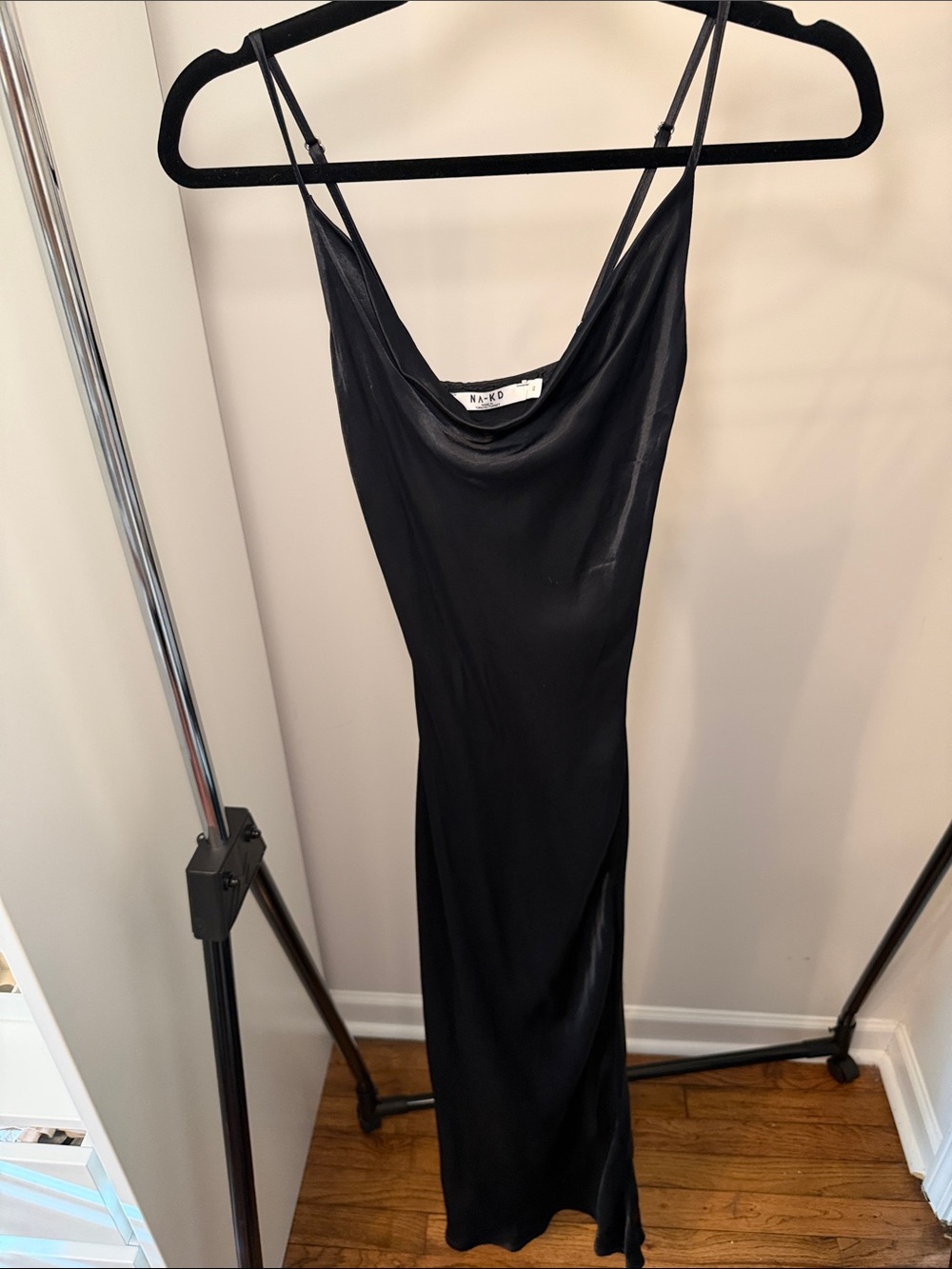 NA-KD Black Satin Cowl Neck Maxi Slip Dress